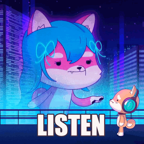 Cartoon Dog With Headphones And Blue-Haired Girl Saying Listen GIF