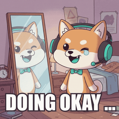 Cartoon Dog With Headphones and Bow Tie Saying Doing Okay