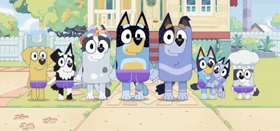 Cartoon Dogs Standing On Sidewalk In Front Of House GIF