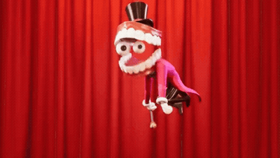 Cartoon Doing Trick On Stage With Red Curtain GIF
