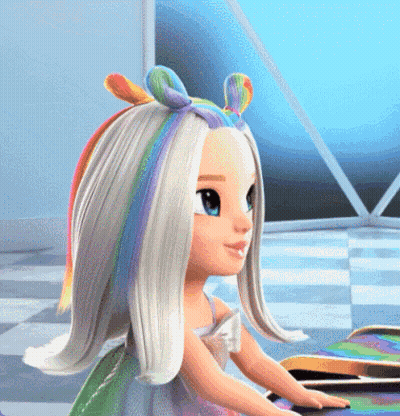 Cartoon Doll With Rainbow Colored Hair GIF