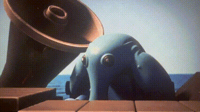 Cartoon Dolphin Sitting On Deck Next To Megaphone GIF