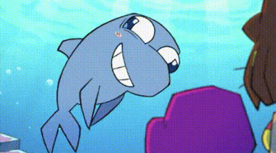 Cartoon Dolphin Swimming Near Purple Chair GIF