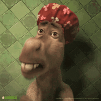 Cartoon Donkey in Red Shower Cap With Flowers