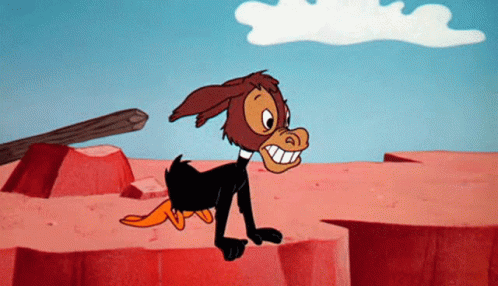 Cartoon Donkey Standing On Cliff With Duck GIF
