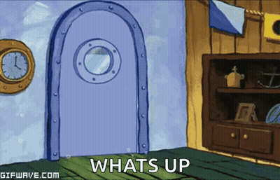 Puerta de dibujos animados diciendo qué tal GIF