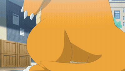 Cartoon Dragon Standing In Front Of Building With Blue Sky GIF