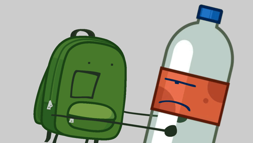 Cartoon Drawing Of Backpack And Soda Bottle With Sad Face GIF