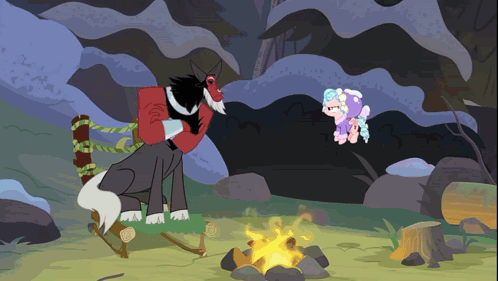 Cartoon Drawing Of Wolf And Pony Standing Next To Campfire GIF
