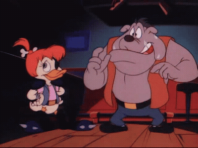 Cartoon Duck And Dog Standing On Wooden Floor GIF