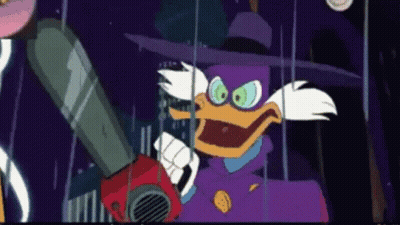 Cartoon Duck Holding Chainsaw In Dark Room GIF