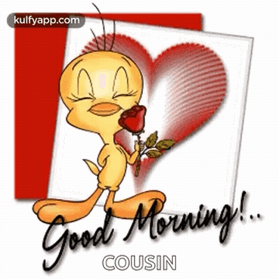 Cartoon Duck Holding Red Rose Saying Good Morning Cousin GIF