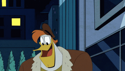 Cartoon Duck In Brown Hat And Fur Coat GIF