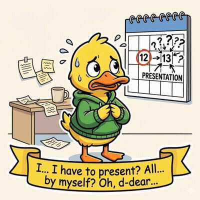 Cartoon Duck In Front Of Calendar Saying Presentation GIF