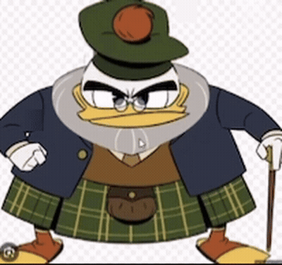 Cartoon Duck in Kilt and Hat Holding Cane