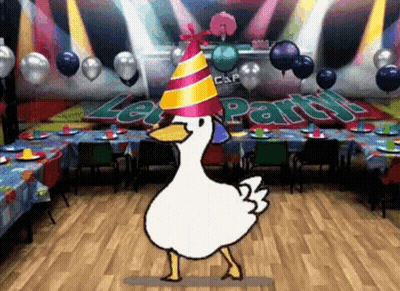 Cartoon Duck In Party Hat Dancing Let's Party GIF