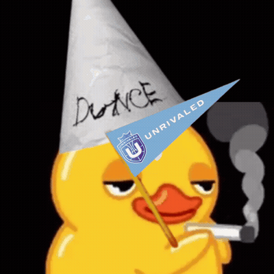 Cartoon Duck In Party Hat Holding Unrivaled Flag GIF