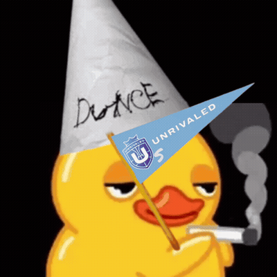 Cartoon Duck In Party Hat Holding Unrivaled Flag GIF