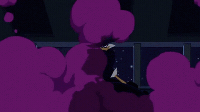 Cartoon Duck In Purple Hat Sitting In Dark Room GIF