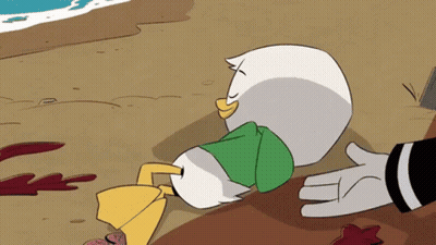 Cartoon Duck Laying On Ground Next To Hand GIF
