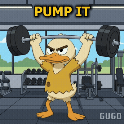 Cartoon Duck Lifting Barbell Saying Pump It GIF