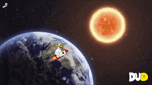 Cartoon Duck On Rocket Flying Over Earth With Duo GIF