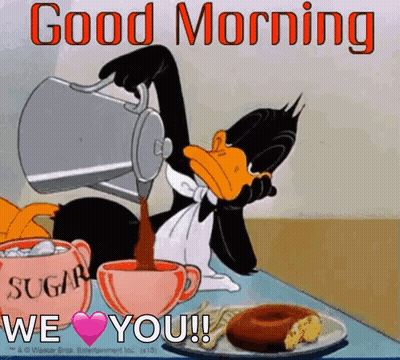 Cartoon Duck Pouring Coffee Into Cup With Donut GIF