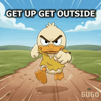 Cartoon Duck Running With Get Up Get Outside GIF