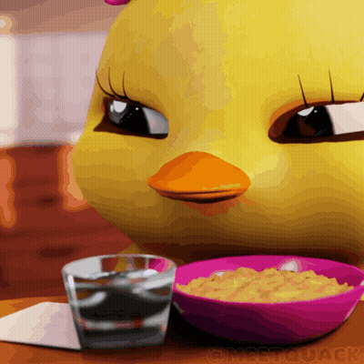 Cartoon Duck Sitting At Table With Food And Water GIF