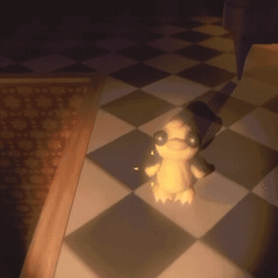 Cartoon Duck Sitting On Checkered Floor GIF