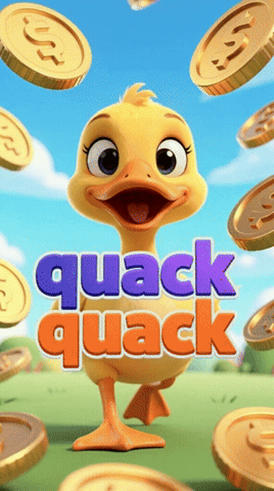 Cartoon Duck Surrounded By Gold Coins Saying Quack Quack GIF