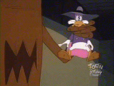 Cartoon Duck Tied Up Sitting On Tree Trunk GIF