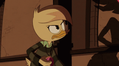 Cartoon Duck With Pink Hair And Purple Shirt GIF