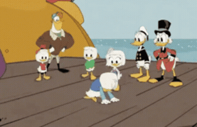 Cartoon Ducks Standing on Pier Near Ocean