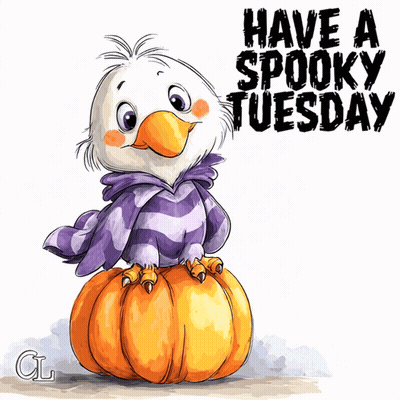 Cartoon Eagle on Pumpkin Saying Have a Spooky Tuesday