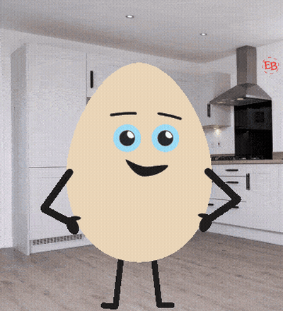 Cartoon Egg With Blue Eyes In Kitchen GIF