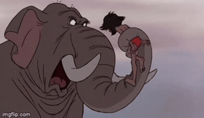 Cartoon Elephant Holding Man In Tusks GIF