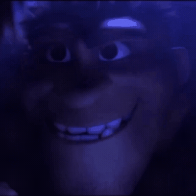 Cartoon Face Close Up In Dark Purple Room GIF