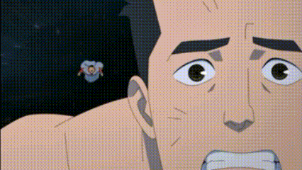 Cartoon Face With Man Flying In Background GIF