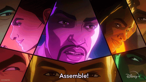 Cartoon Faces Collage Saying Assemble GIF