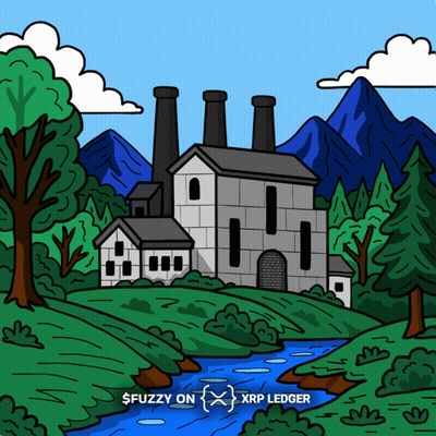 Cartoon Factory Surrounded By Trees And Mountains GIF