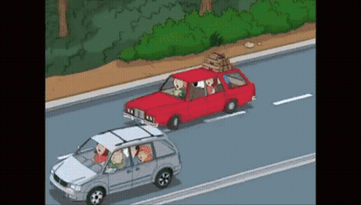 Cartoon Family Driving With Red Car Behind GIF