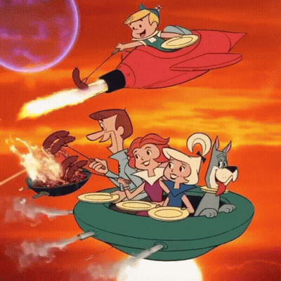 Cartoon Family Flying With Rocket GIF