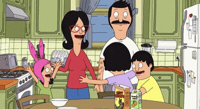 Cartoon Family In Kitchen With Peach Juice Box GIF