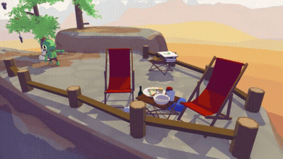 Cartoon Fence With Two Chairs And Table Of Food GIF