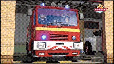 Cartoon Fire Truck Parked in Garage Saying Minimini