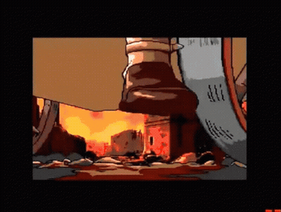 Cartoon Foot Standing In Front Of Burning City GIF