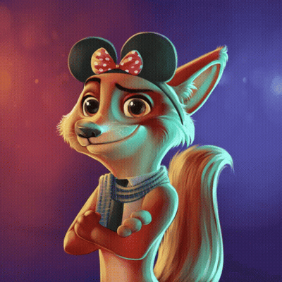 Cartoon Fox In Minnie Mouse Hat And Scarf GIF