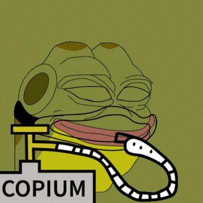Cartoon Frog Holding Leash Saying Copium GIF