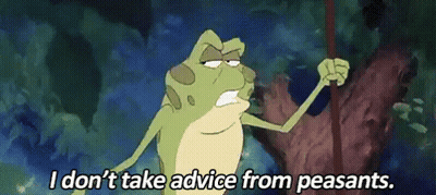 Cartoon Frog Holding Stick Saying I Don't Take Advice From Peasants GIF